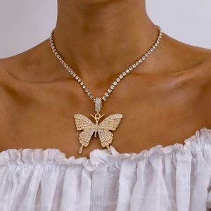Hip Hop Gold Tone Rhinestone Butterfly Necklace